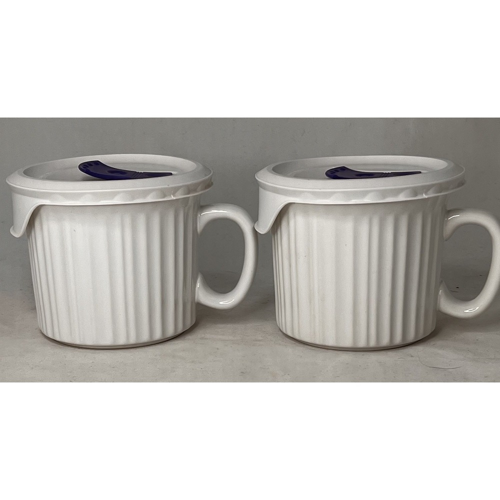 Corning Ware French White 20oz Soup Mug Set w Lids Vented Stoneware Pair EUC